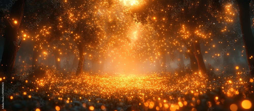 Naklejka premium Magical glowing fireflies illuminating a mystical forest path at twilight