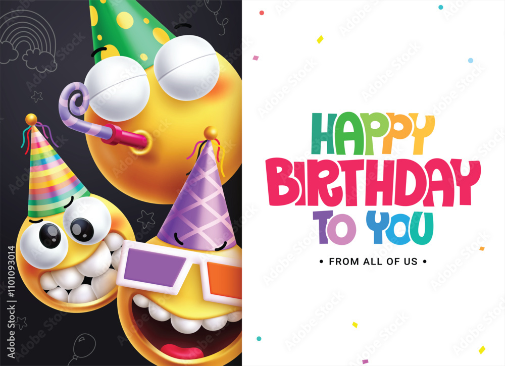Fototapeta premium Happy birthday emojis clipart background template. Birthday greeting text with emoji character wearing party hat elements for party celebration in white board empty space. Vector illustration 