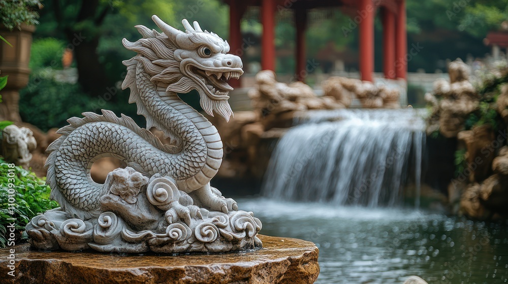 Obraz premium A jade dragon statue in front of a luxurious Feng Shui waterfall, with intricate carvings and water flowing smoothly over rocks.