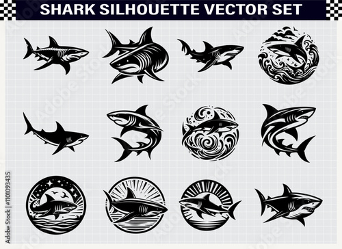 "Shark Silhouettes: Dynamic and Static Shark Designs for Marine, Wildlife, and Ocean-Themed Projects"