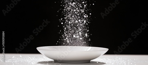 Bright sparkles cascading onto a white plate creating a stunning visual contrast against a dark background for festive or culinary themes photo