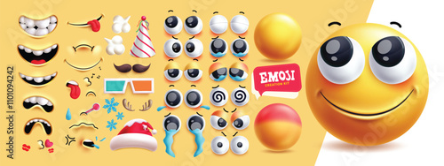 Emoji creation kit clipart 3d character set. Emoji editable face with mouth, eyes, tongue, mustache, tears and party hats in happy, cute and crying expressions. Vector illustration creation kit 