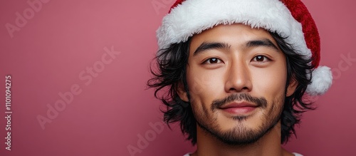 Asian man wearing Santa Claus hat smiling against a soft pink background celebrating the holiday spirit with a cheerful expression. photo