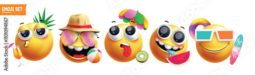 Summer emoji clipart characters set. Emojis yellow icon 3d character with beach elements and facial expressions for holiday season graphic design. Vector illustration summer emoticons clip art 