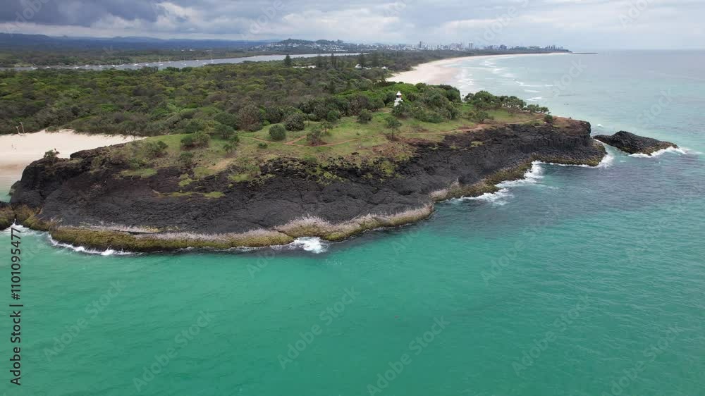 Turquoise Ocean Water At Fingal Headland In NSW, Australia - Aerial Shot Turquoise Ocean Water At Fingal Headland In NSW, Australia - Aerial Shot