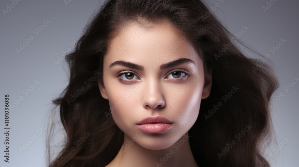 Portrait of a young woman with flawless skin and natural beauty showcasing confidence and elegance against a neutral background. Portrait of a young woman with flawless skin and natural beauty showcasing confidence and elegance against a neutral background.