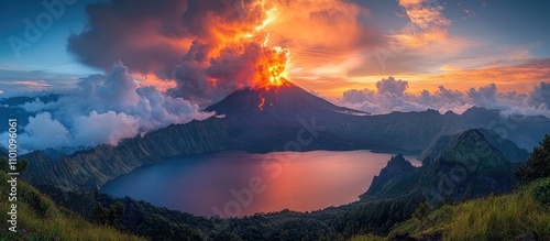 Eruption of Mount Barujari in Rinjani Geopark with clouds covering Lake Segara Anak during sunset showcasing nature's power and beauty. photo