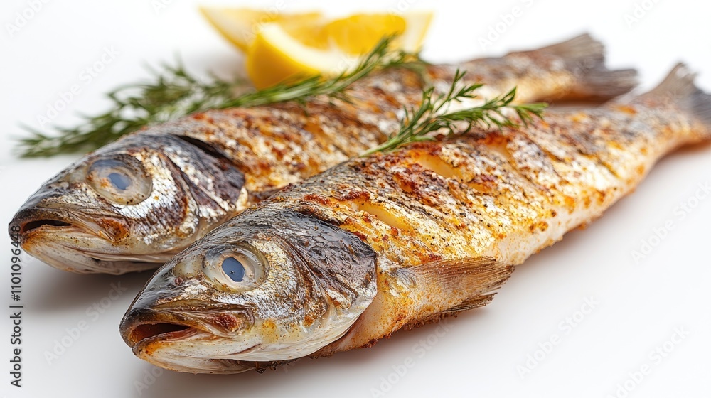 Salted fish garnished with herbs and lemon on a clean white background for culinary and food presentation purposes Salted fish garnished with herbs and lemon on a clean white background for culinary and food presentation purposes