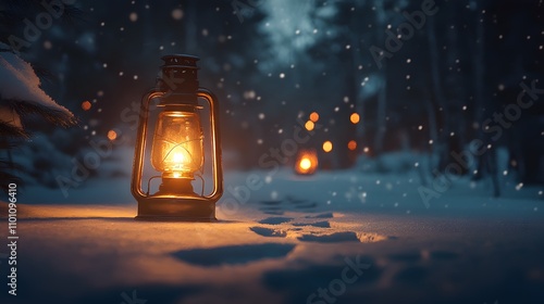 A lantern glowing warmly in a snowy outdoor scene with fresh footprints in the snow