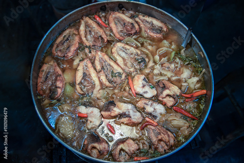Obraz na płótnie Snake head fish belly with pickle mustard soup. Chinese style. Oblique view from the top, Selective focus. w salonie