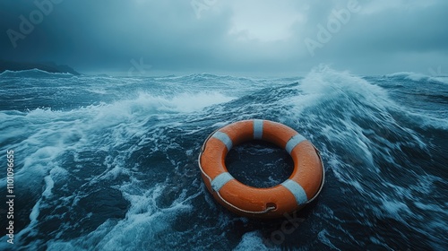 Lifebuoy floating on choppy ocean waves under a stormy gray sky, surrounded by tumultuous water and dramatic lighting.