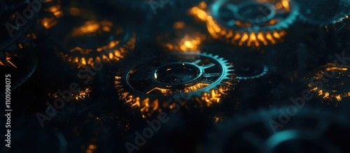 Close up of intricate machine gears illuminated with warm light representing industrial engineering and machinery design concepts photo