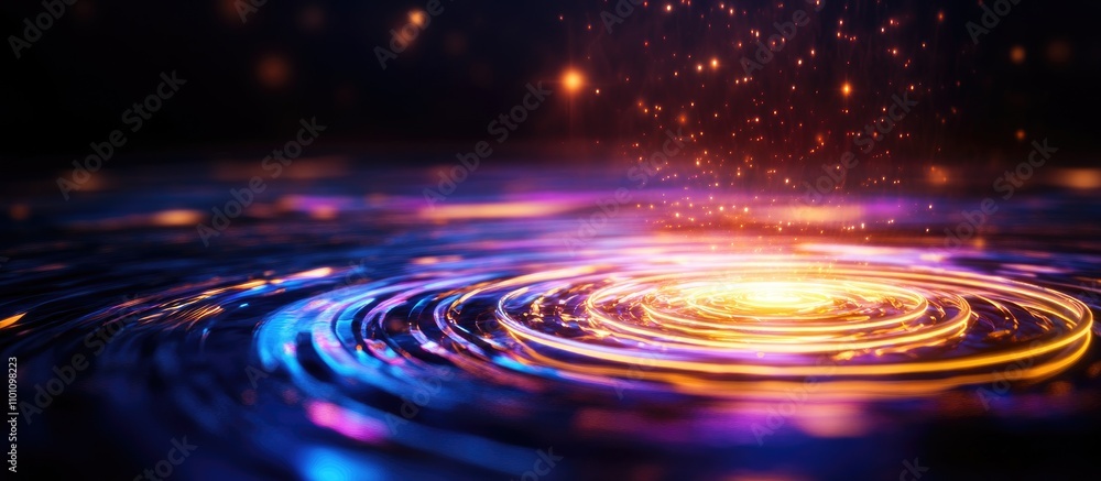 Obraz premium Neon Circles and Light Waves in a Black Digital Environment Abstract Technology Concept for Processing Interface and Communication