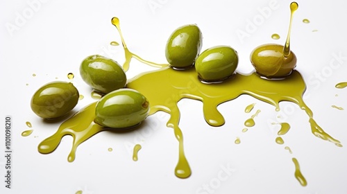 Green olives releasing oil on a clean white surface showcasing freshness and natural ingredients in culinary art and food photography photo