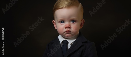 Formal portrait of a small baby boy dressed in suit with serious expression against a dark background showcasing innocence and charm