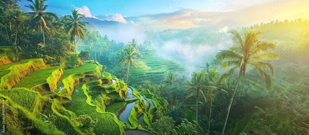 Lush green rice terraces with palm trees in serene landscape during sunrise in a tropical setting Lush green rice terraces with palm trees in serene landscape during sunrise in a tropical setting