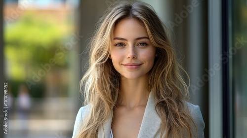 Free Download Confident young businesswoman smiling outdoors near modern office building - GFXLoad