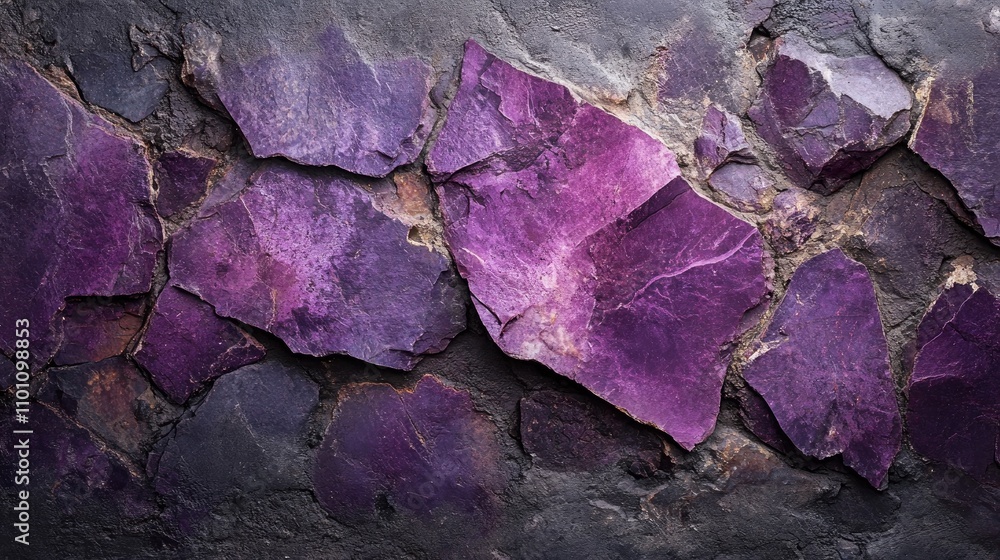 Purple and pink stone texture with rough surfaces against a dark concrete background, highlighted by a subtle dark vignette effect. Purple and pink stone texture with rough surfaces against a dark concrete background, highlighted by a subtle dark vignette effect.