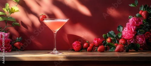 Fototapeta Naklejka Na Ścianę i Meble -  Stylish still life with pink martini strawberries and peony flowers set against a contemporary backdrop for bar and event promotions