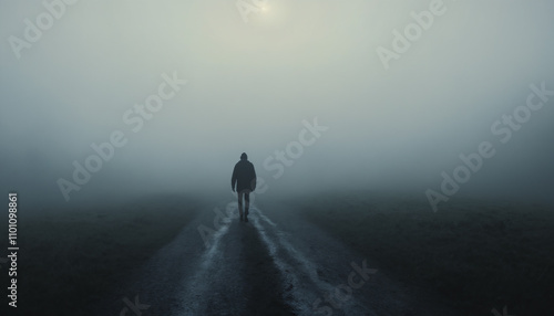 person walking in distant fog, movie like vibes with cinematic lighting photo