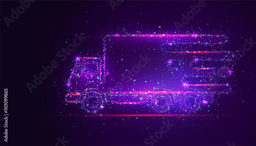 Silhouette of a delivery truck made of glowing, multicolored dots, resembling stars. The vibrant particles form its motion, symbolizing speed, efficiency, and the connectivity of modern logistics.