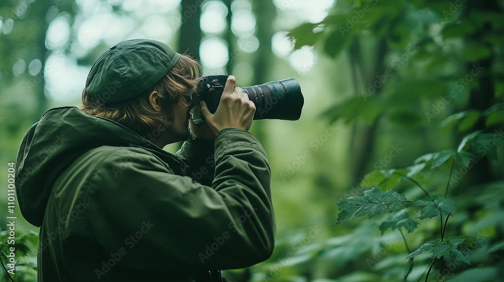 A man taking pictures in the woods A man taking pictures in the woods