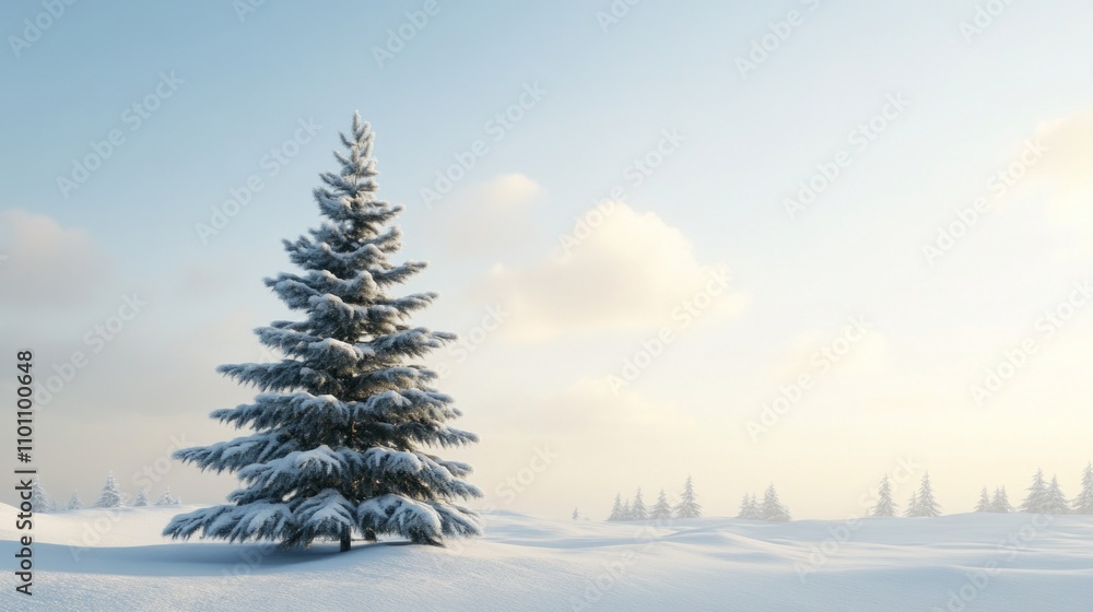 Fototapeta premium A snow covered pine tree stands in a field of snow