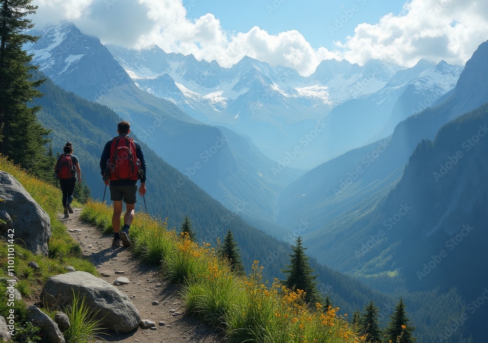 Hikers exploring a scenic mountain trail with stunning views in the background Hikers exploring a scenic mountain trail with stunning views in the background
