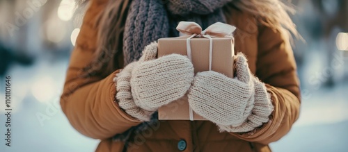 Woman in stylish warm clothing holding a gift box with knitted mittens outdoors during winterseason in a snowy environment photo