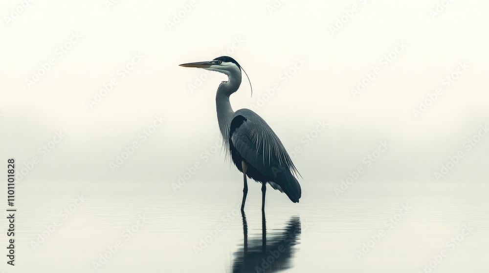 Naklejka premium Elegant bird silhouette in misty atmosphere reflecting in still water under a soft grey sky background