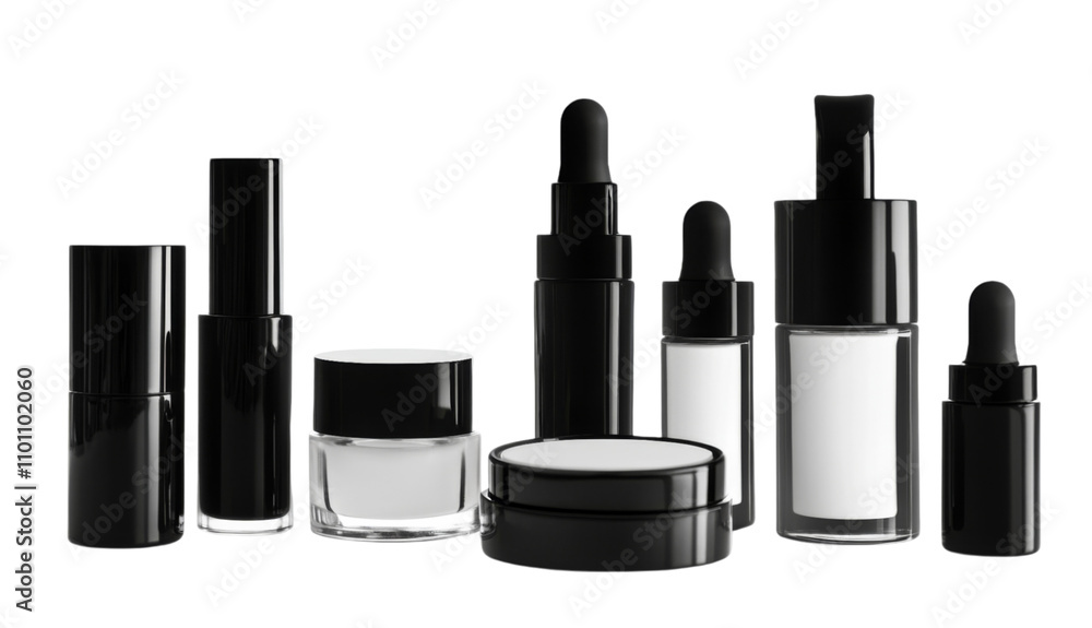 Obraz premium Elegant Black and White Cosmetic Bottles and Jars for Skincare and Beauty Products