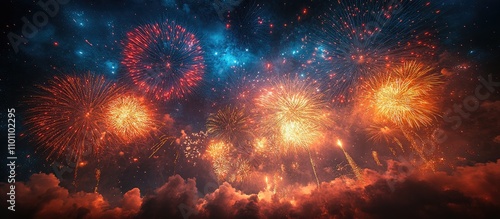 Vibrant daytime fireworks display illuminating the sky with colorful bursts and clouds enhancing the festive atmosphere. photo