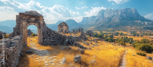 Ancient ruins of Tlos City showcasing historical architecture against a picturesque mountain backdrop in a serene landscape setting. photo