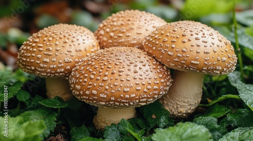 Shiitake mushrooms nestled among lush green foliage in a natural forest setting showcasing their unique texture and earthy colors. photo