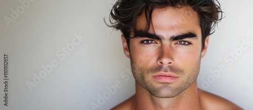 Handsome male model showcasing an expressive face with tousled hair in a minimalist setting against a soft white backdrop.