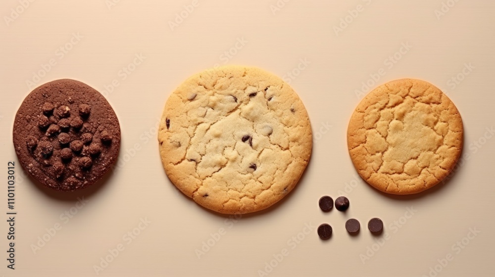 Variety of cookies displayed from above including chocolate chip and oatmeal sugar biscuits on a light background for dessert imagery Variety of cookies displayed from above including chocolate chip and oatmeal sugar biscuits on a light background for dessert imagery