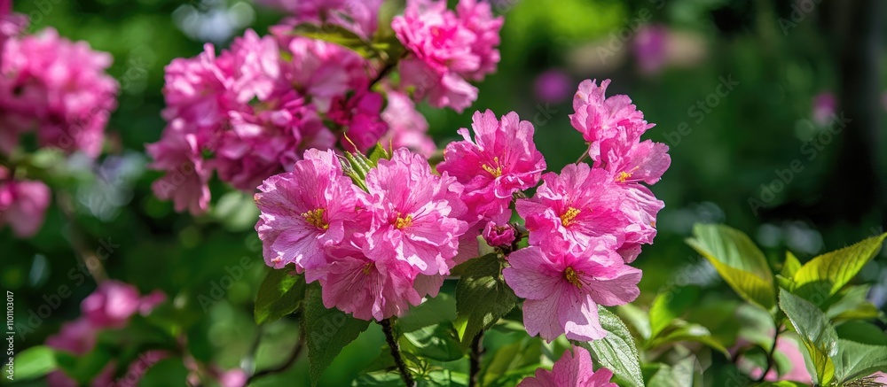 Obraz premium Pink Sakura blossoms blooming vibrantly in a serene garden setting during the enchanting spring season showcasing nature's beauty.