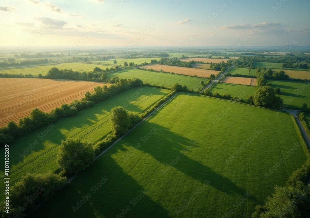 Obraz premium Lush green fields stretch across the countryside under a golden sunset sky