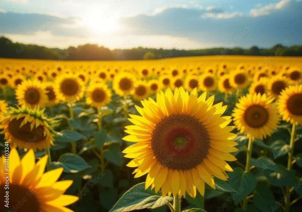 Fototapeta premium Sunflower field at sunset with vibrant blooms stretching across the landscape