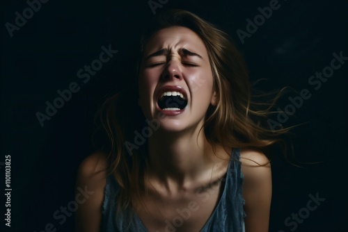 Portrait of Sad Crying young Woman being Harrased and Bullied by Her Partner. Domestic Violence and Emotional Abuse. Female isolated on black. Shouting and screaming loud with open mouth photo