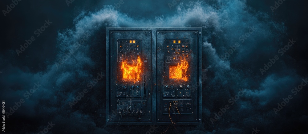 Fototapeta premium Burned solar energy control panel damaged by short circuit highlighting renewable energy risks and electrical safety concerns