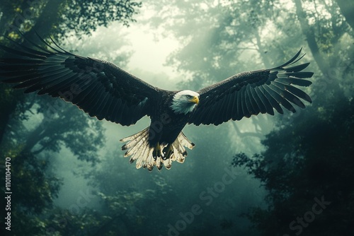 Wallpaper Mural A majestic bald eagle soars through a misty forest, its wings spread wide. Torontodigital.ca