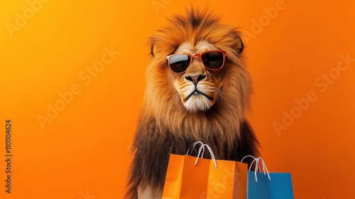 Stylish Lion with Sunglasses and Shopping Bags