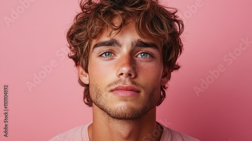 Young man with tousled hair on pink background expressing feelings of isolation confusion and uncertainty