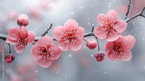 Cherry Blossom Branch in Full Bloom Surrounded by Snowflakes on a Cloudy Winter Day with Soft Gray Background photo