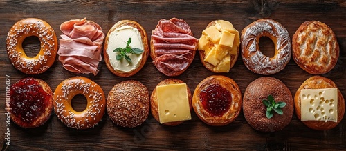 Nutritious breakfast options featuring assorted bread pretzels topped with ham, cheese, butter, jam, and fresh herbs on a rustic wooden table photo