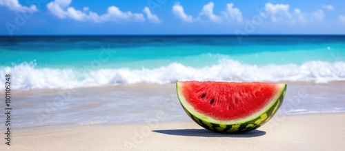 Fresh watermelon slice on sandy beach with turquoise ocean and clear blue sky during summer vacation scene. photo