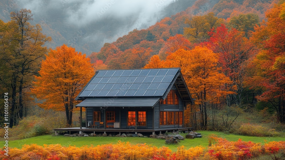 A solar power plant in a valley capturing clean energy under colorful trees. A solar power plant in a valley capturing clean energy under colorful trees.