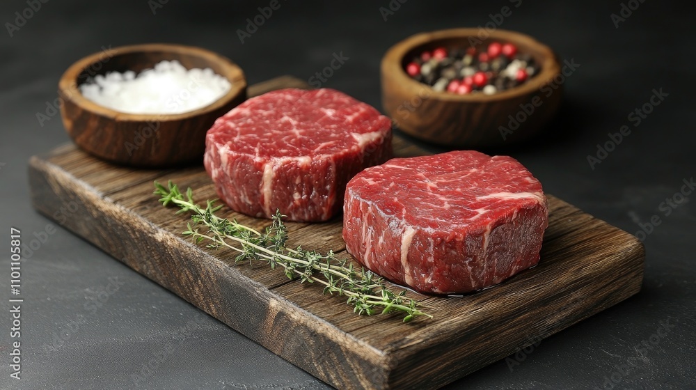 Fresh beef fillet chops with thyme on a wooden board alongside salt and pepper in rustic bowls against a dark background Fresh beef fillet chops with thyme on a wooden board alongside salt and pepper in rustic bowls against a dark background