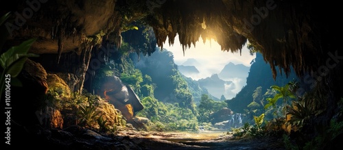 Mysterious cave landscape with tropical vegetation and sunlight illuminating majestic rock formations in a serene natural environment photo